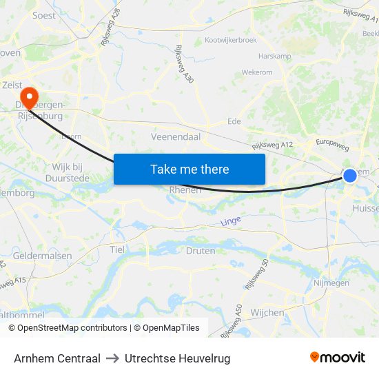 Arnhem Centraal to Utrechtse Heuvelrug map