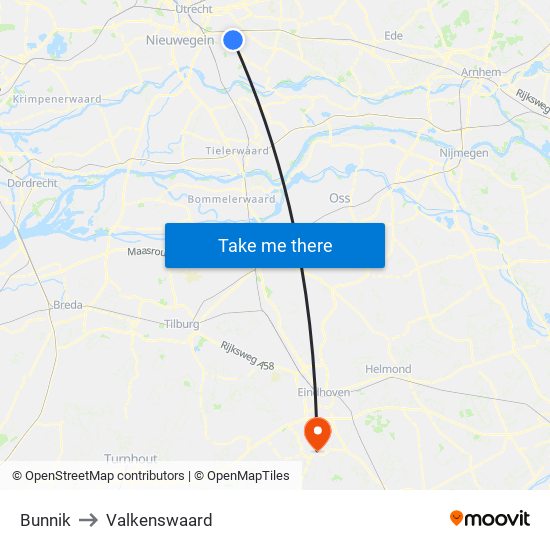 Bunnik to Valkenswaard map