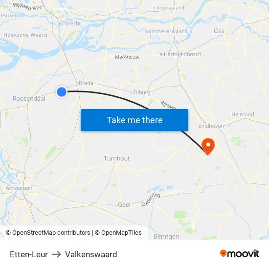 Etten-Leur to Valkenswaard map