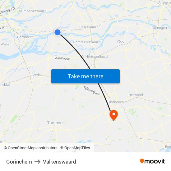 Gorinchem to Valkenswaard map