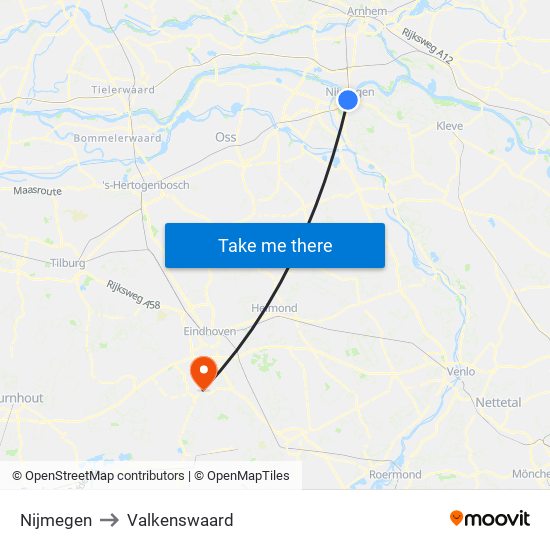 Nijmegen to Valkenswaard map