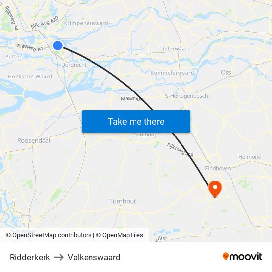 Ridderkerk to Valkenswaard map