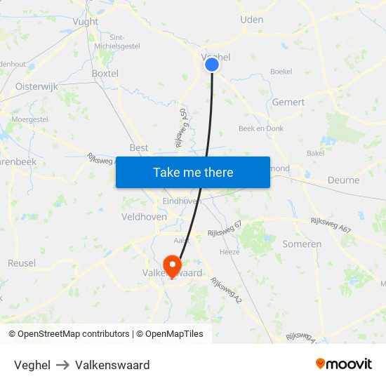 Veghel to Valkenswaard map