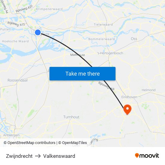 Zwijndrecht to Valkenswaard map