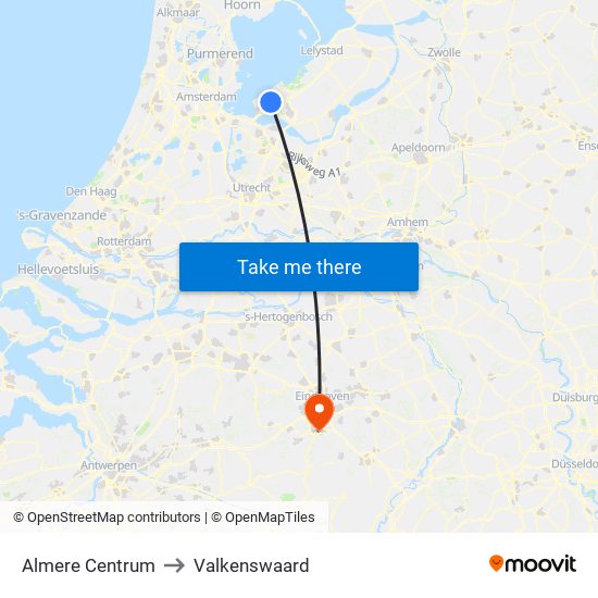 Almere Centrum to Valkenswaard map