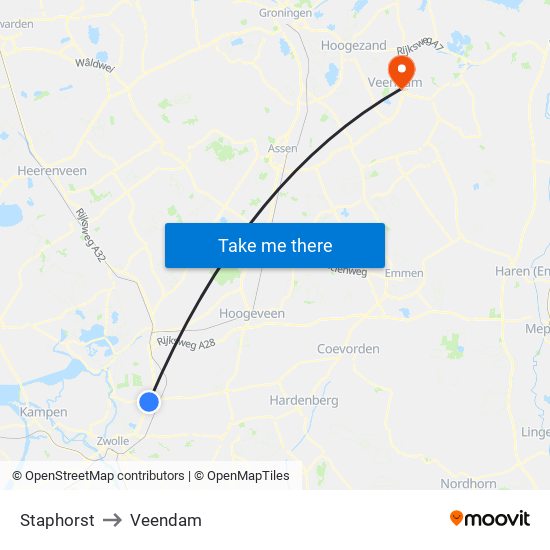 Staphorst to Veendam map