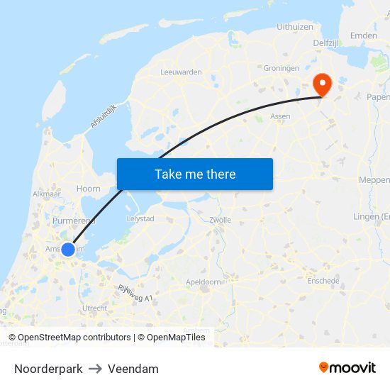 Noorderpark to Veendam map