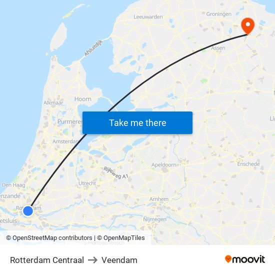 Rotterdam Centraal to Veendam map