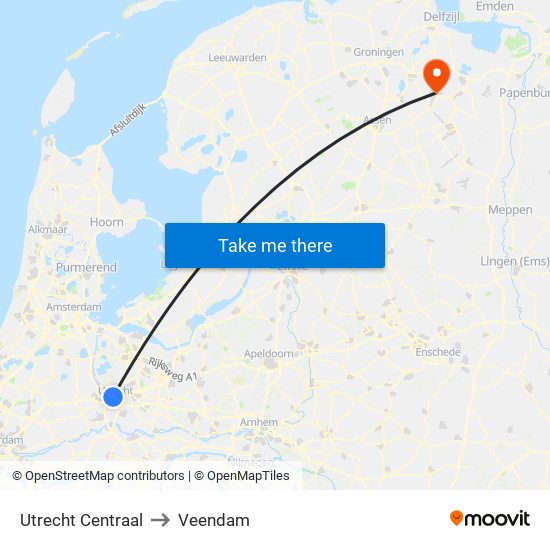 Utrecht Centraal to Veendam map