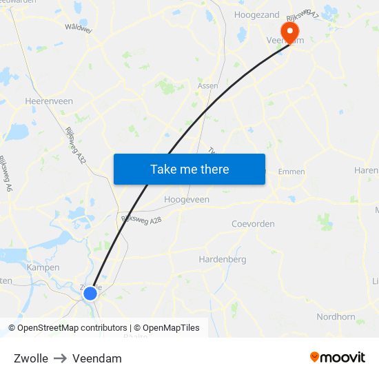 Zwolle to Veendam map