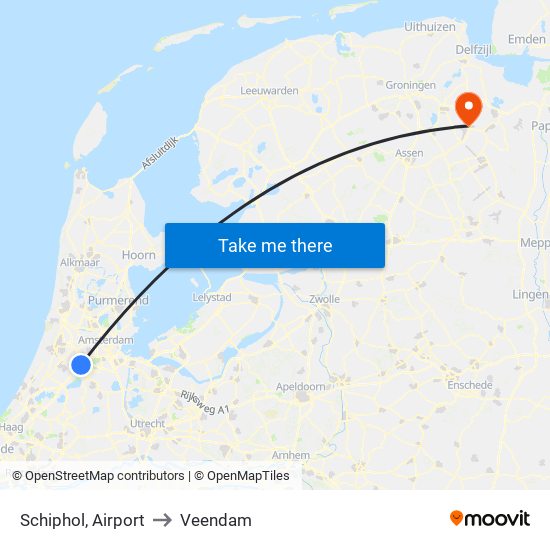 Schiphol, Airport to Veendam map