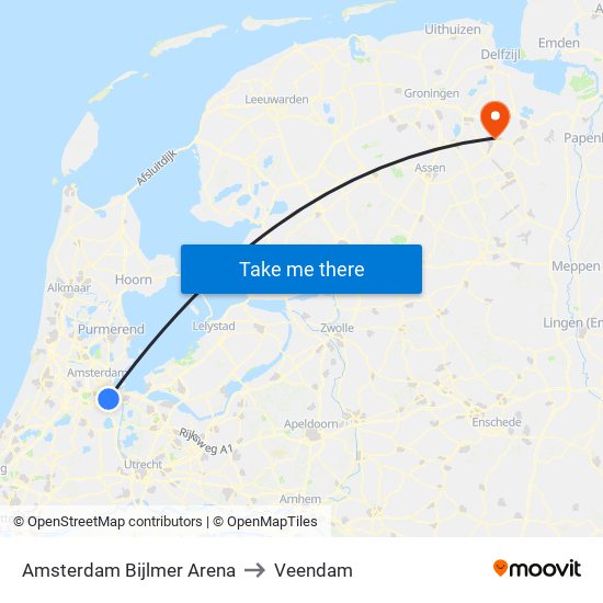 Amsterdam Bijlmer Arena to Veendam map