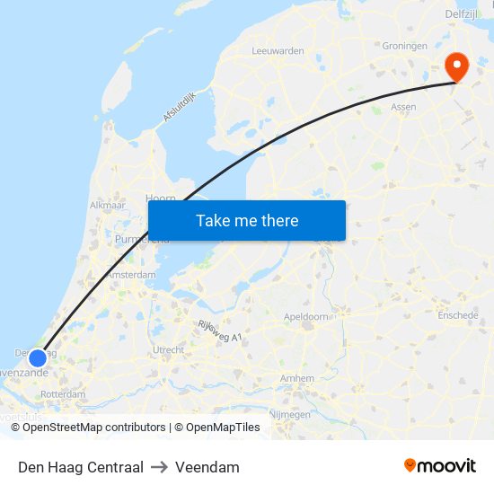 Den Haag Centraal to Veendam map