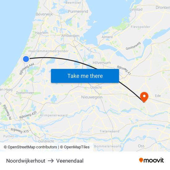 Noordwijkerhout to Veenendaal map