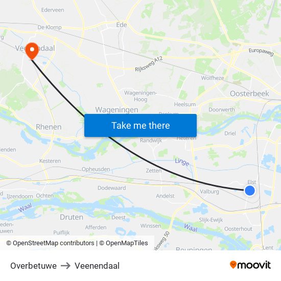 Overbetuwe to Veenendaal map