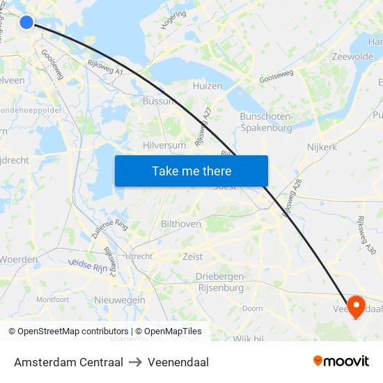 Amsterdam Centraal to Veenendaal map