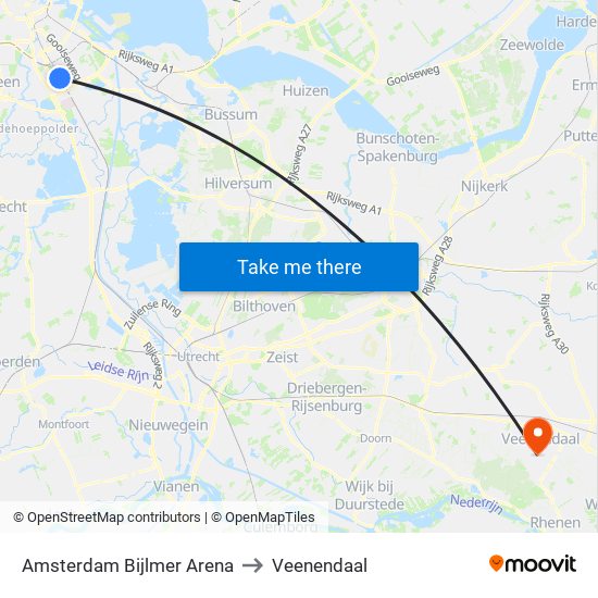 Amsterdam Bijlmer Arena to Veenendaal map