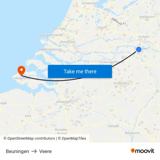Beuningen to Veere map