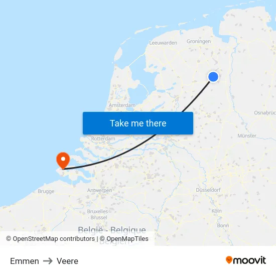 Emmen to Veere map