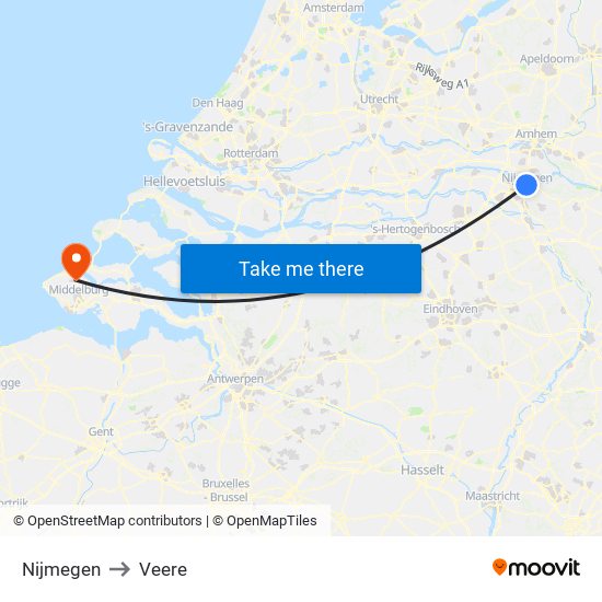 Nijmegen to Veere map