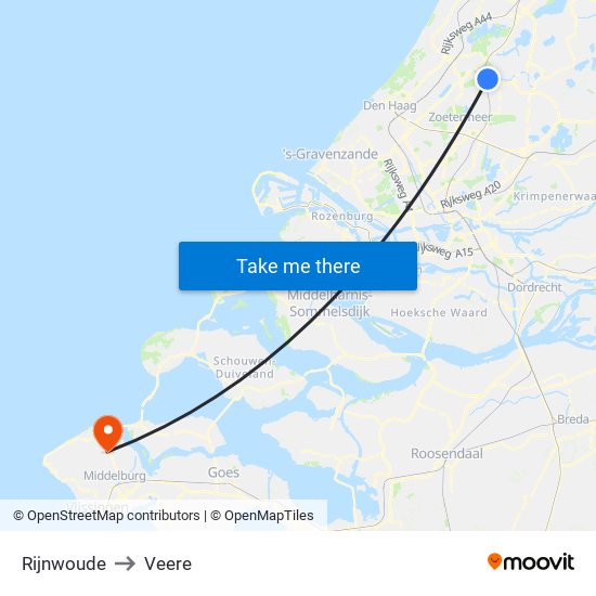 Rijnwoude to Veere map