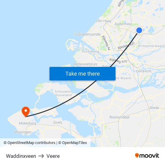 Waddinxveen to Veere map