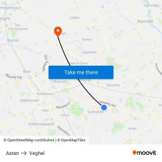 Asten to Veghel map