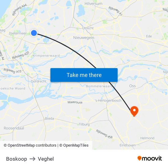 Boskoop to Veghel map