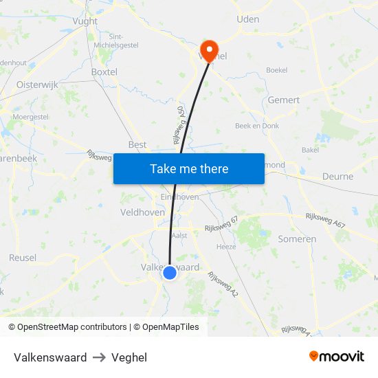 Valkenswaard to Veghel map