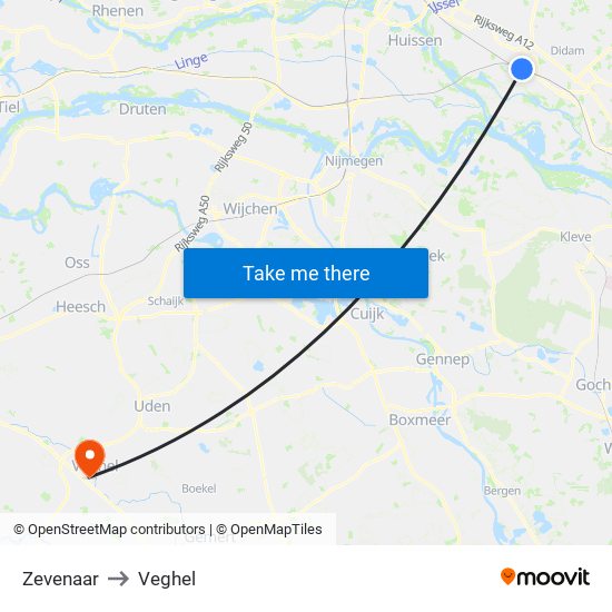 Zevenaar to Veghel map