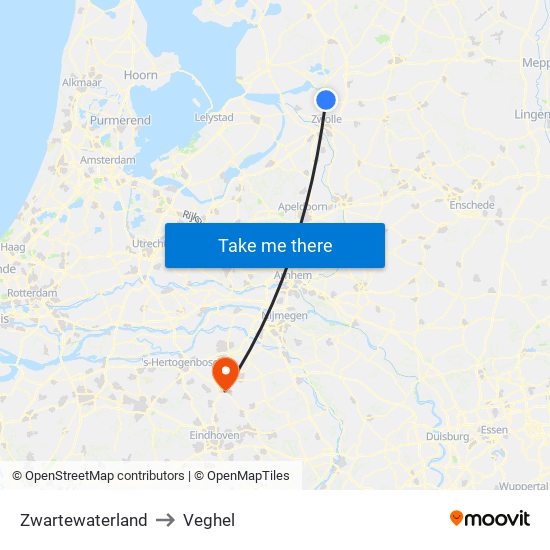 Zwartewaterland to Veghel map