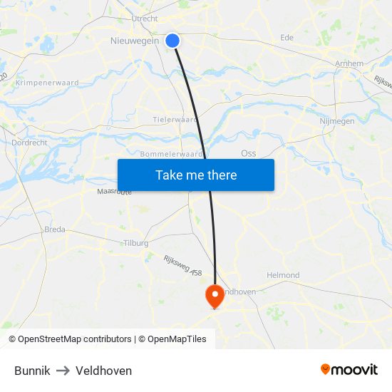 Bunnik to Veldhoven map
