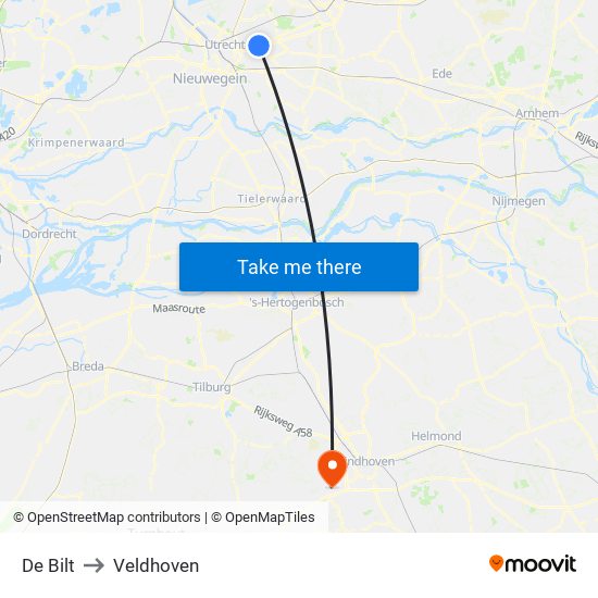 De Bilt to Veldhoven map