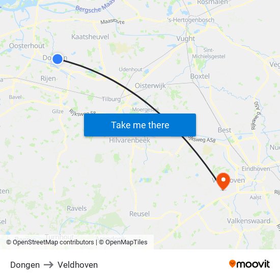 Dongen to Veldhoven map