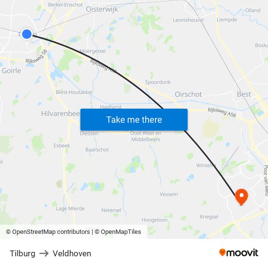 Tilburg to Veldhoven map