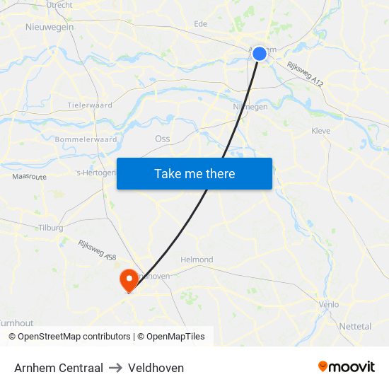 Arnhem Centraal to Veldhoven map