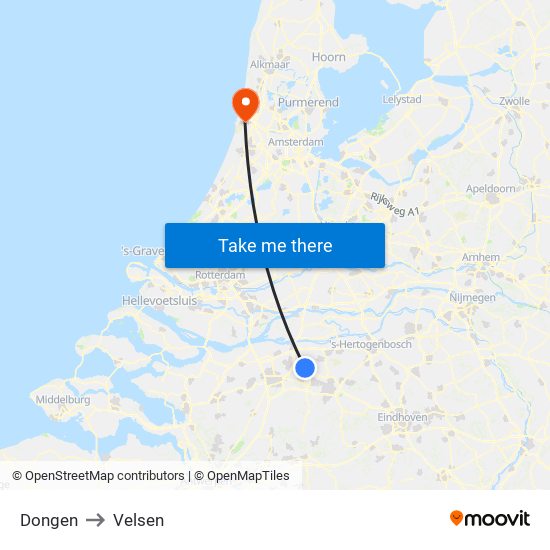 Dongen to Velsen map