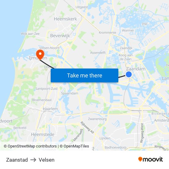 Zaanstad to Velsen map