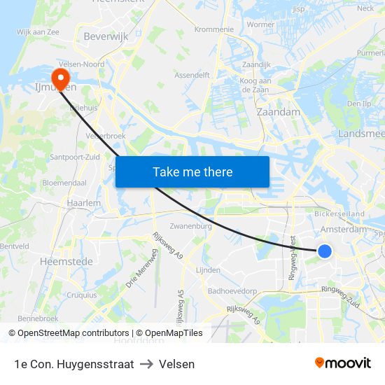 1e Con. Huygensstraat to Velsen map