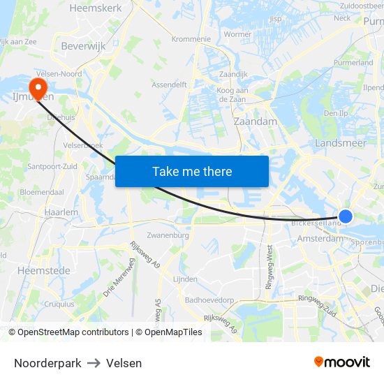 Noorderpark to Velsen map