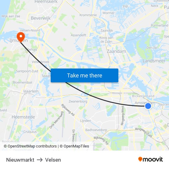 Nieuwmarkt to Velsen map