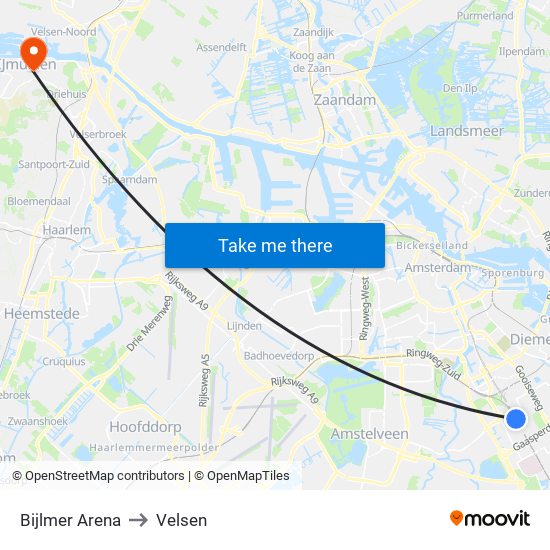 Bijlmer Arena to Velsen map