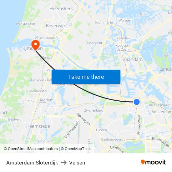 Amsterdam Sloterdijk to Velsen map