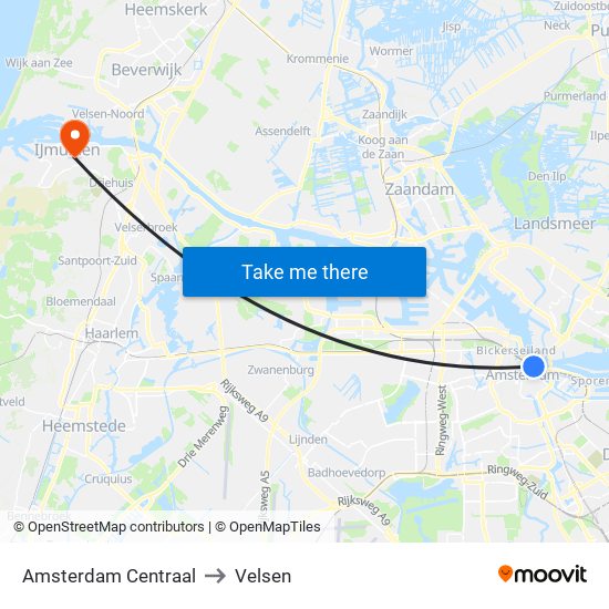 Amsterdam Centraal to Velsen map