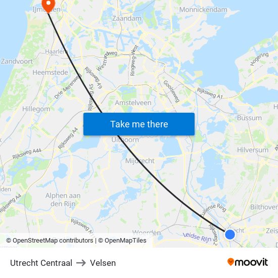 Utrecht Centraal to Velsen map