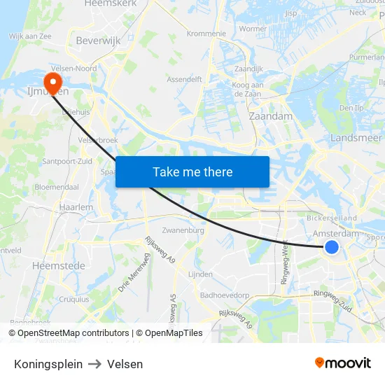 Koningsplein to Velsen map