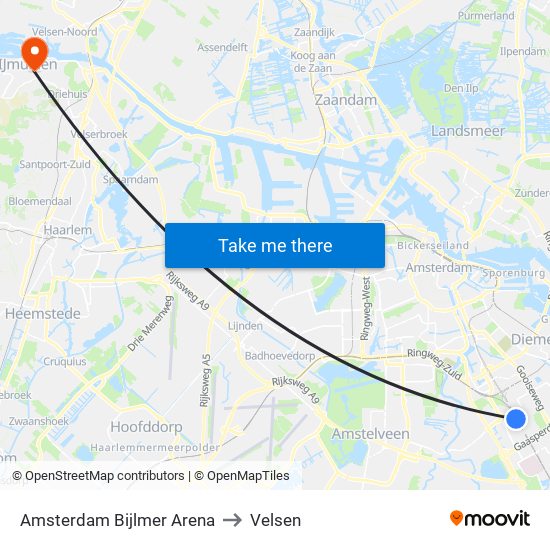 Amsterdam Bijlmer Arena to Velsen map