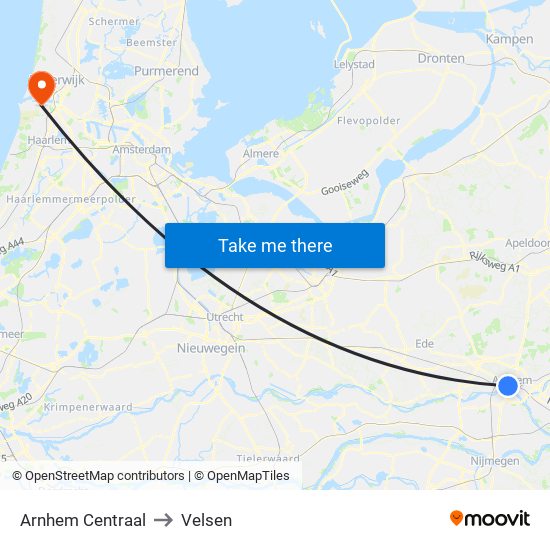 Arnhem Centraal to Velsen map