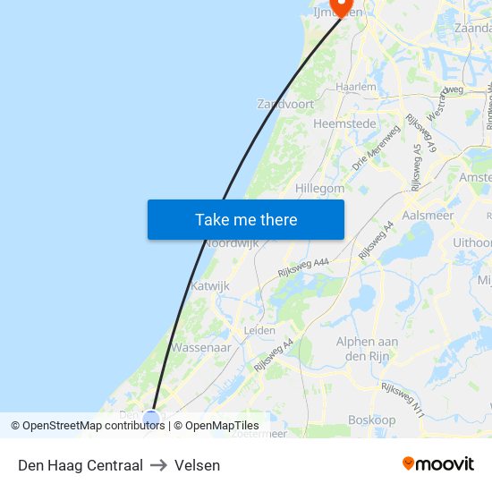 Den Haag Centraal to Velsen map