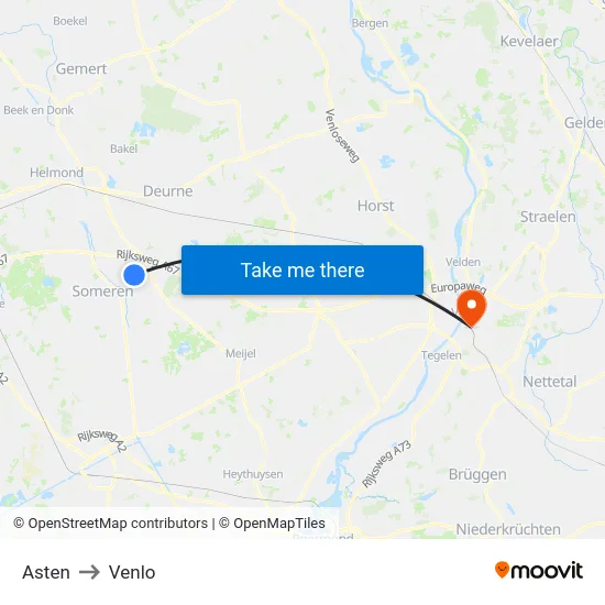 Asten to Venlo map